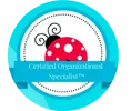 Badge with a turquoise background and a whimsical red polka-dotted ladybug design, labeled 'Certified Organizational Specialist'.