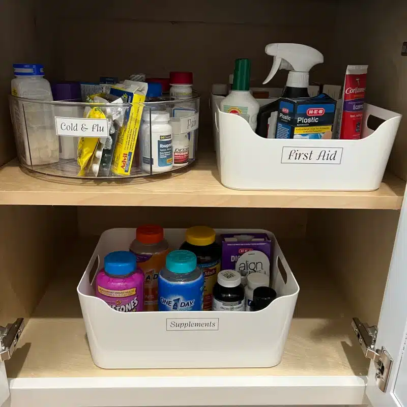 Medicine cabinet shelves neatly organized