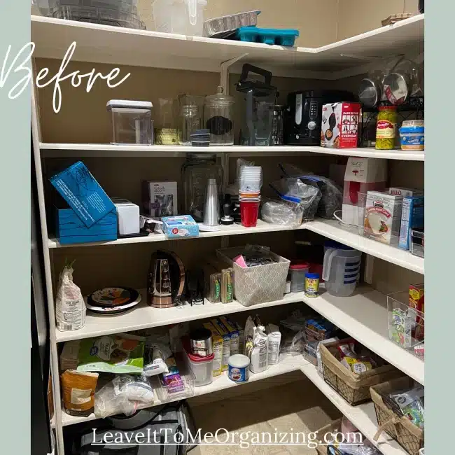 Before photo of a pantry that was organized by Leave It To Me Organizing.