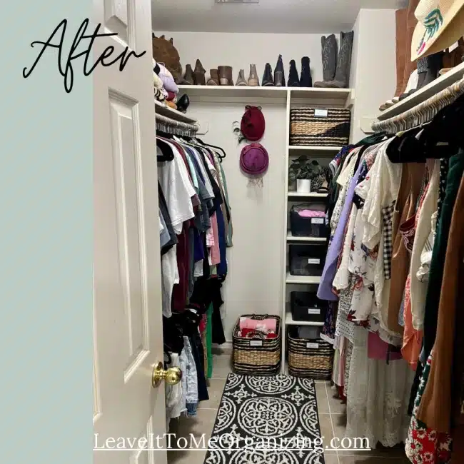 After photo of a closet that was organized by Leave It To Me Organizing.
