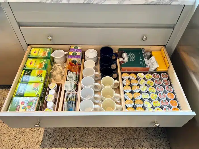 An organized coffee and tea drawer.